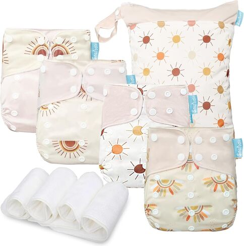 Baby Cloth Diapers Set-4 Pack Diapers with 4 Inserts & 1 Wet Dry Separation Bag, Reusable Infant Toddler Nappy, Adjustable Pocket Diapers for Baby Boys and Girls(6-33 pounds,0-3 Years) in Saudi Arabia