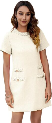 Ladyful Womens Tweed Jackie Dress Short Sleeve Elegant Crew Neck Business Party Vintage Button Bodycon Mini Jackie Dress in Kuwait