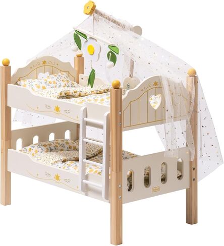 مجموعة سرير الدمية بطابقين من ROBUD Toys - سرير دمية أطفال خشبي مع سلالم وإكسسوارات للدمى مقاس 18 بوصة (سريرين، يناسب الفتيات الأمريكيات) in Saudi Arabia