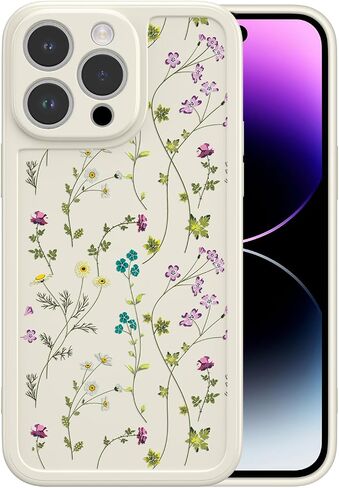 RALEAVO Floral Case for iPhone 13 Pro, Flower Branch Pattern Design Cute Cover Case for Girls Women Slim Thin Soft Silicone Shockproof Anti-Slip Phone Case for iPhone 13 Pro (6.1"),Beige in Saudi Arabia