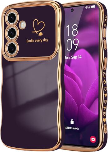 LCHULLE for Samsung Galaxy S24 Ultra Case for Women Girls, Cute Wave Frame Curly Shape with Love Heart Raised Camera Protection Luxury Plating Shockproof Phone Case for Galaxy S24 Ultra 5G,Dark Purple in Kuwait