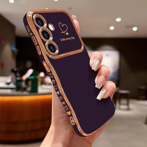 LCHULLE for Samsung Galaxy S24 Ultra Case for Women Girls, Cute Wave Frame Curly Shape with Love Heart Raised Camera Protection Luxury Plating Shockproof Phone Case for Galaxy S24 Ultra 5G,Dark Purple in Kuwait