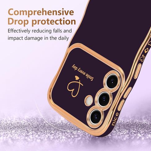 LCHULLE for Samsung Galaxy S24 Ultra Case for Women Girls, Cute Wave Frame Curly Shape with Love Heart Raised Camera Protection Luxury Plating Shockproof Phone Case for Galaxy S24 Ultra 5G,Dark Purple in Kuwait