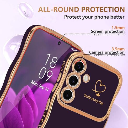 LCHULLE for Samsung Galaxy S24 Ultra Case for Women Girls, Cute Wave Frame Curly Shape with Love Heart Raised Camera Protection Luxury Plating Shockproof Phone Case for Galaxy S24 Ultra 5G,Dark Purple in Kuwait