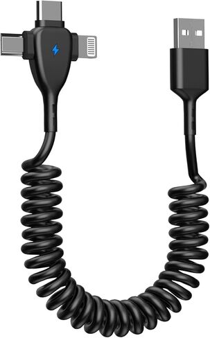 Coiled iPhone 16 Charger Cord,[MFi Certified] 3 in 1 Retractable Portable iPhone Fast Charger Cable Compatible with Lightning/USB Type C/Micro USB for iPhone 16 15 14 13 12 11 XS XR X 8 7 6 5 iPad in Kuwait