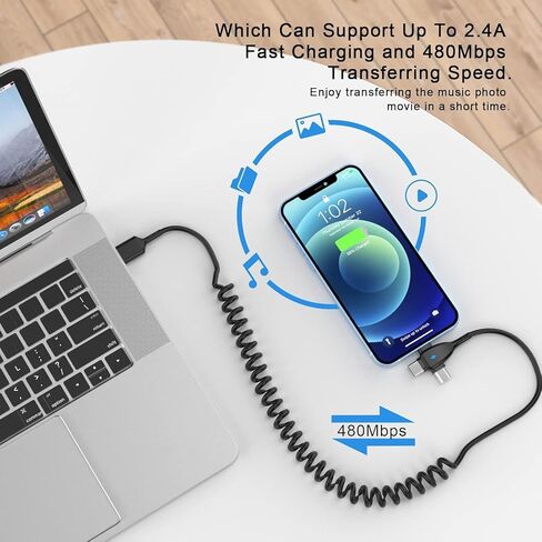 Coiled iPhone 16 Charger Cord,[MFi Certified] 3 in 1 Retractable Portable iPhone Fast Charger Cable Compatible with Lightning/USB Type C/Micro USB for iPhone 16 15 14 13 12 11 XS XR X 8 7 6 5 iPad in Kuwait