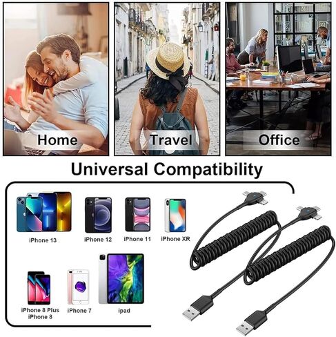 Coiled iPhone 16 Charger Cord,[MFi Certified] 3 in 1 Retractable Portable iPhone Fast Charger Cable Compatible with Lightning/USB Type C/Micro USB for iPhone 16 15 14 13 12 11 XS XR X 8 7 6 5 iPad in Kuwait