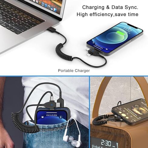 Coiled iPhone 16 Charger Cord,[MFi Certified] 3 in 1 Retractable Portable iPhone Fast Charger Cable Compatible with Lightning/USB Type C/Micro USB for iPhone 16 15 14 13 12 11 XS XR X 8 7 6 5 iPad in Kuwait