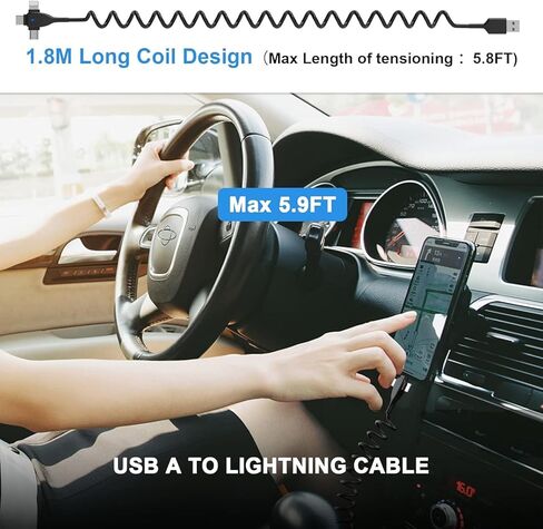 Coiled iPhone 16 Charger Cord,[MFi Certified] 3 in 1 Retractable Portable iPhone Fast Charger Cable Compatible with Lightning/USB Type C/Micro USB for iPhone 16 15 14 13 12 11 XS XR X 8 7 6 5 iPad in Kuwait