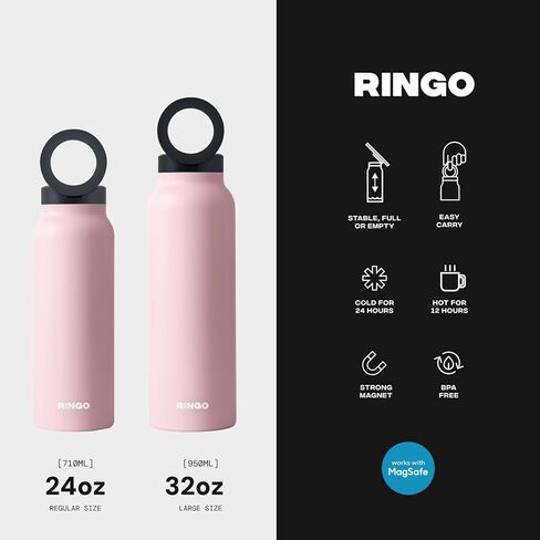 زجاجة مياه معزولة من Ringo - زجاجة مياه متوافقة مع MagSafe مع حامل هاتف مغناطيسي - زجاجة مياه من الفولاذ المقاوم للصدأ مع حامل ثلاثي للهاتف - ساخن 12 ساعة، بارد 24 ساعة، دوران 360 درجة - عاجي 24oz in Kuwait