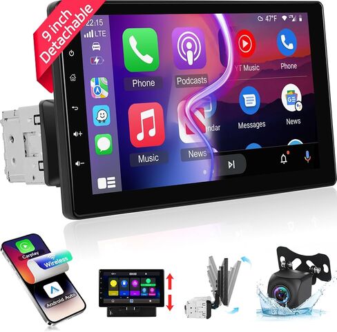 9 inch Single Din Touchscreen Car Stereo with Wireless Carplay and Android Auto, NHOPEEW Detachable IPS Touch Screen Car Radio - Mirror Link, Bluetooth, FM, USB/TF/AUX, SWC + AHD Rearview Camera in Saudi Arabia