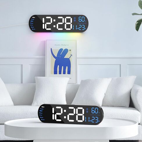 hansang Large Digital Wall Clock with Remote Control 13.7’’, Auto Brightness, 9 RGB Ambient Light, Dual Alarm Clock&Timer, 12/24H Mode, Temperature for Bedroom, Wall Decor Gift for Elder, Black in Saudi Arabia