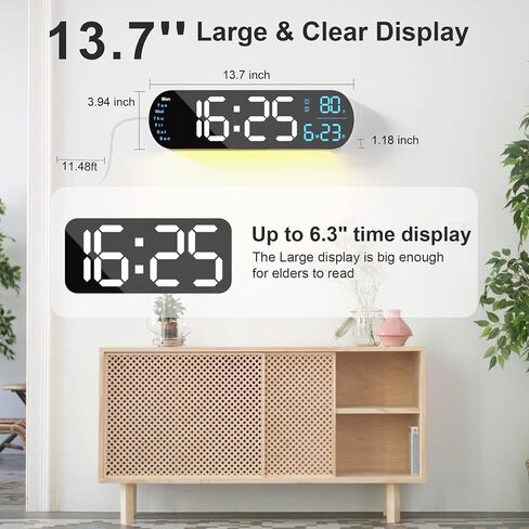 hansang Large Digital Wall Clock with Remote Control 13.7’’, Auto Brightness, 9 RGB Ambient Light, Dual Alarm Clock&Timer, 12/24H Mode, Temperature for Bedroom, Wall Decor Gift for Elder, Black in Saudi Arabia