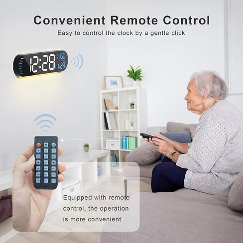 hansang Large Digital Wall Clock with Remote Control 13.7’’, Auto Brightness, 9 RGB Ambient Light, Dual Alarm Clock&Timer, 12/24H Mode, Temperature for Bedroom, Wall Decor Gift for Elder, Black in Saudi Arabia