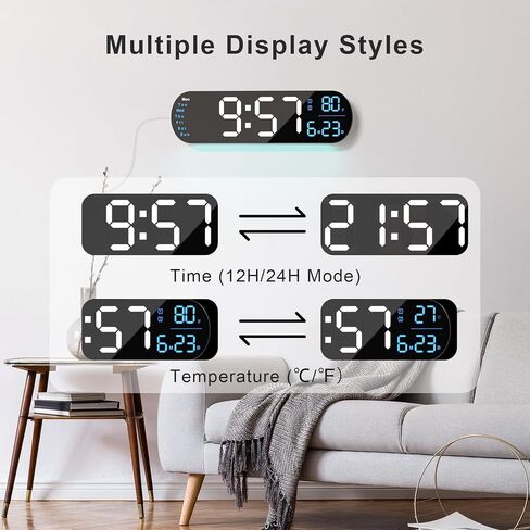 hansang Large Digital Wall Clock with Remote Control 13.7’’, Auto Brightness, 9 RGB Ambient Light, Dual Alarm Clock&Timer, 12/24H Mode, Temperature for Bedroom, Wall Decor Gift for Elder, Black in Saudi Arabia