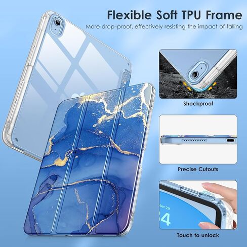 DTTO for iPad 10th Generation Case 10.9 Inch 2022, Clear Hard Back iPad 10 Case with Soft TPU Frame, Slim Trifold Stand Support Pencil Holder, Auto Wake/Sleep for iPad 10th Gen, Ocean Marble in Saudi Arabia