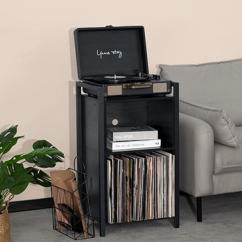 YAHARBO Record Player Stand, 3-Shelf Brown Vinyl Record Holder with Storage, Record Stand, Vintage Turntable Stand Holds Up to 100 Albums, Record Table with Handle for Living Room, Bedroom, Office in Saudi Arabia