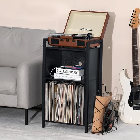 YAHARBO Record Player Stand, 3-Shelf Brown Vinyl Record Holder with Storage, Record Stand, Vintage Turntable Stand Holds Up to 100 Albums, Record Table with Handle for Living Room, Bedroom, Office in Saudi Arabia