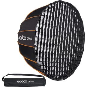 Godox QR-P90 Quick-Release Deep Parabolic Softbox with Grid - Fast Setup, Multi-Effect Lighting, Ideal for Video Shooting and Live Streaming