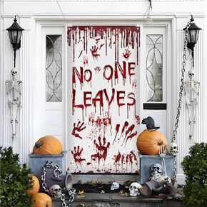 71 x 35 Inch "No One Leaves" Door Cover, Spooky Bloody Handprints Door Backdrop for Halloween Party Decorations, Large Front Door Hanging Sign for Indoor Outdoor Patio Lawn Décor Party Supplies
