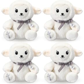 HyDren 4 Pcs Sheep Religious Stuffed Animal 9.84 Inch Cute Prayer Plush Lamb with Embroidered Cross Jesus Lambs Christian Toys Christening Dedication and Baptism Pray Gifts for Baby Boys Girls Kids