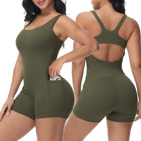 Wenlia Women's Jumpsuits Short with Pockets Raceback Sleeveless One Piece Bodysuit Square Neck Sexy Yoga Workout Romper