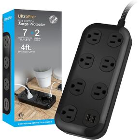 GE Surge Protector, 7 Outlet, 2 USB-A, 2.4A, 1470J, Braided Cord, Power Strip, 4ft, Black, 82593