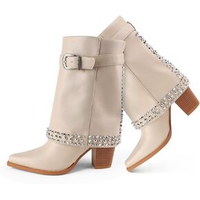 Women's Folding Mid Calf Boots Chunky Heel Pointed Toe Rivet Women's Boots