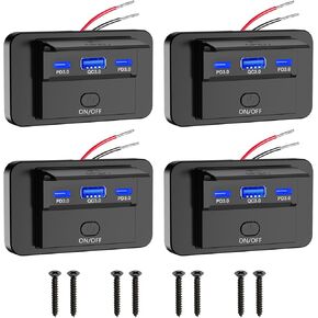 Linkstyle 4PCS RV USB Outlet, 30W Dual PD3.0 USB C Ports & 18W QC3.0 USB A Port Charger Socket, ON/Off Button, for Car Marine