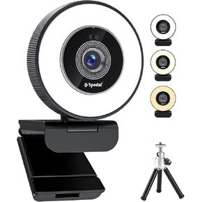 Spedal 4K Webcam with Ring Light, Built-in Dual Microphone and Privacy Cover, Fast AutoFocus, Adjustable Brightness, USB Streaming Web Camera with Tripod, for Zoom Twitch Teams YouTube Skype Meeting