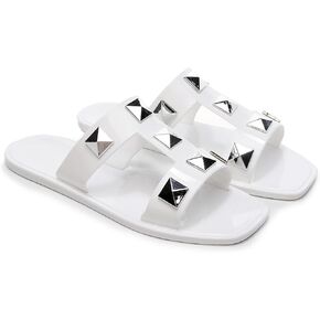 Jelly Sandals for Women Studded Flat Slides Jellies Shoes Pool Slippers Size 9 Ladies Plastic Dress Comfortable Summer Beach Open Toe Quick Drying Soft