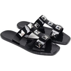 Jelly Sandals for Women Studded Flat Slides Jellies Shoes Pool Slippers Size 9 Ladies Plastic Dress Comfortable Summer Beach Open Toe Quick Drying Soft