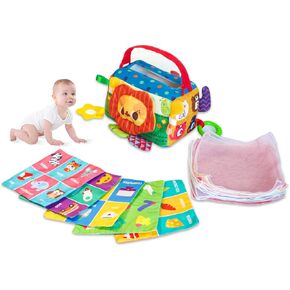Baby Tissue Box Toy - Baby Toys 6-12 Months Montessori Toys for 6 Month Old Toys with Textured Tails, Baby Cloth Tissues Toy, Crinkle, Squeaky Sounds, Mirror