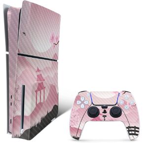 MightySkins Carbon Fiber Skin for PS5 Playstation 5 Slim Disc Edition Bundle - Cherry Blossom Dream Protective, Durable Textured Carbon Fiber Finish Easy to Apply Made in The USA