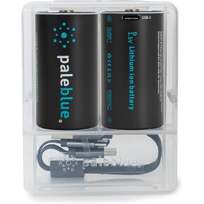 Rechargeable D Batteries with USB Charger by Pale Blue, Lithium Ion 1.5v 5000 mAh, Charges Under 7 Hours, Over 1000 Cycles, 2-in-1 USB to USB-C Charging Cable, LED Charge Indicator, 4-Pack