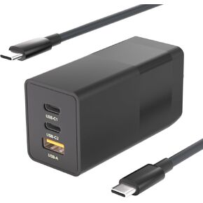 GaN 65W USB-C Charger 3-Port Foldable Adapterfor MacBook Pro/Air, Tablet, Galaxy S23, Dell XPS 13, Note 20/10+, iPhone 14/Pro, Switch, Steam Deck, Pixel with 1.8 Meter C- Cable