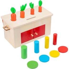 Adena Montessori 4-in-1 Play Kit Box for Infants,Toddlers and Babies 6-12 Months, 1 Year, 2 Year and 3 Year- Includes Coin Box, Cylinder & Carrot Drop Box, and Blind Touch Perception Box with Door