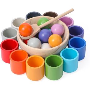 KKUYT Balls in Cups Montessori Toy Wooden Sorter Game Toys with 12 Rainbow Balls 35mm for Toddlers Age 1-3, Preschool Learning Education Toy for Toddler & Baby Color Sorting Matching and Counting