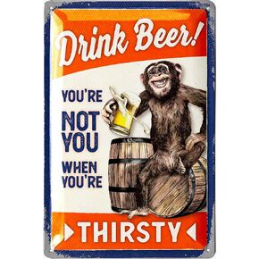 Vintage Beer Sign - FUNNY DRINK BEER MONKEY - Beer Signs for man Cave, Metal Beer Signs, Funny Metal Bar Signs, Vintage beer signs - Embossed 12x8"