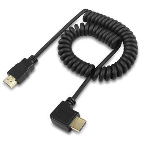 Left Angle HDMI Coiled Cable，90 Degree HDMI Male to Male Spring Spiral Cable,Coiled 19 inch Extended to 75 inch Support 3D 1080P for Camera, Monitor