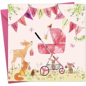 Twizler New Baby Girl Card with Woodland Animals - Pink New Baby Card Girl - Cute Newborn Baby Shower Card Girl - New Parents Card Girl - Congratulations New Baby Girl Card