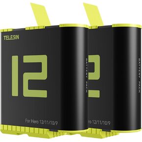 TELESIN° Batteries for GoPro 12 11 10 9 Charger Accessories, 2-Pack Relacement Battery Rechargable Large Capacity Long Lasting for Go Pro Hero 12 11 10 9 Black Original Camera Accessory