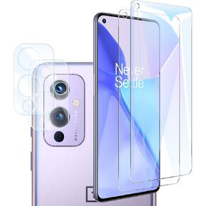 Orzero (2+2 Packs) 2 Pack Tempered Glass Screen Protector Compatible for OnePlus 9, 2 Pack Glass Compound Acrylic Camera Lens Protector Anti-Scratch