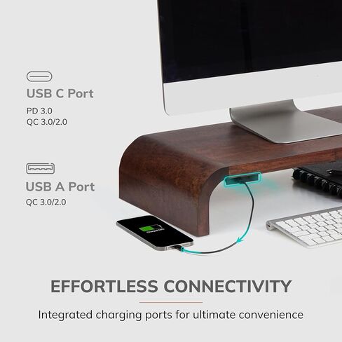 Anji Mountain Wood Monitor Stand Riser Desk Desktop Organizer Table for Home, Office Workspace, Laptop Riser, Ergonomic Design Stand for Gaming Setup, with Power Source, Walnut in Kuwait
