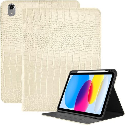 جلد فاخر متوافق مع حافظة iPad الجيل العاشر 2022، حافظة iPad 10.9 بوصة مع حامل قلم رصاص، غطاء تمساح فاخر للنوم/الاستيقاظ التلقائي للنساء والفتيات، أبيض كريمي in Kuwait