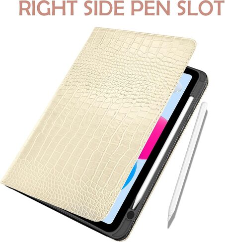 جلد فاخر متوافق مع حافظة iPad الجيل العاشر 2022، حافظة iPad 10.9 بوصة مع حامل قلم رصاص، غطاء تمساح فاخر للنوم/الاستيقاظ التلقائي للنساء والفتيات، أبيض كريمي in Kuwait