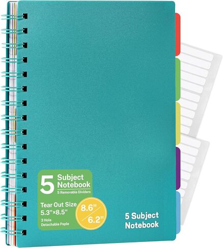5 Subject Notebook College Ruled - 240 Pages Spiral Notebooks College Ruled with Pocket Dividers Tabs, 6.3" x 8.4", A5 Note Book for School Office Supplies Note - Black in Saudi Arabia