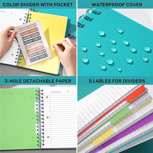 5 Subject Notebook College Ruled - 240 Pages Spiral Notebooks College Ruled with Pocket Dividers Tabs, 6.3" x 8.4", A5 Note Book for School Office Supplies Note - Black in Saudi Arabia