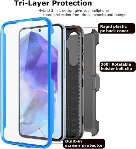 حافظة Takfox Galaxy A35 5G، لهاتف Samsung A35 5G، واقي شاشة مدمج بمسند حزام ومشبك لكامل الجسم من الدرجة العسكرية وغطاء هاتف متين مقاوم للصدمات وطبقة مزدوجة - أزرق in Kuwait