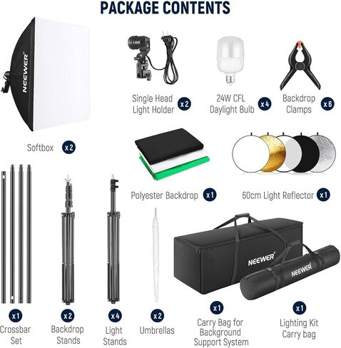 NEEWER Photography Lighting Kit with Backdrops,8.5x10ft Backdrop Stands,5700K 800W Equivalent 24W LED Umbrella Softbox Continuous Lighting,60cm Light Reflector, Photo Studio Equipment for Video Shoot in Kuwait